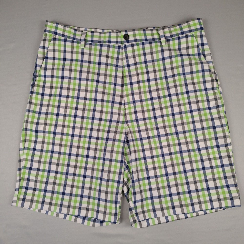 Chaps Golf Shorts Mens 36 Green Blue Plaid Chino Stretch Flat Front Casual